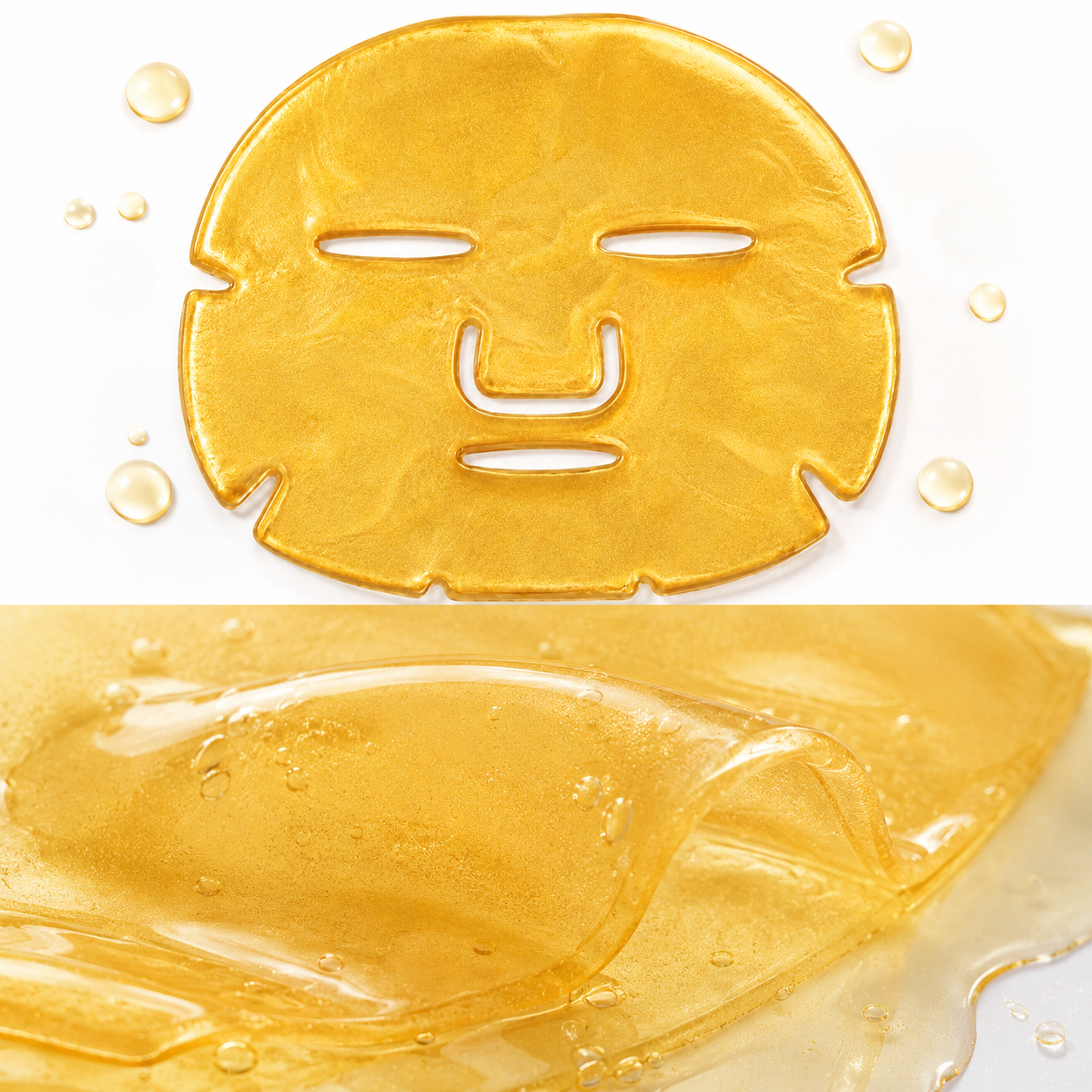 Close-up of gold-look hydrogel facial mask texture with soft glossy gel finish