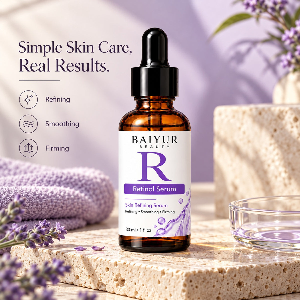 Baiyur Beauty Retinol Serum displayed on natural stone with lavender flowers, soft towels and warm lighting in a premium skincare setting.