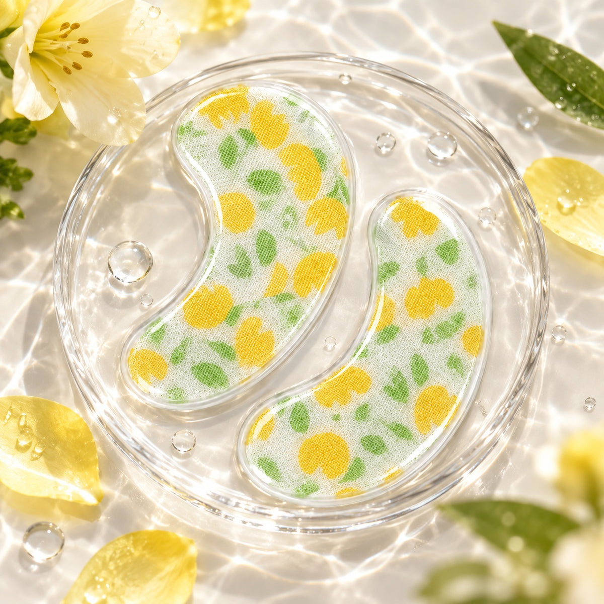 Bloom Party floral hydrogel eye patches in a fresh spring skincare lifestyle setting