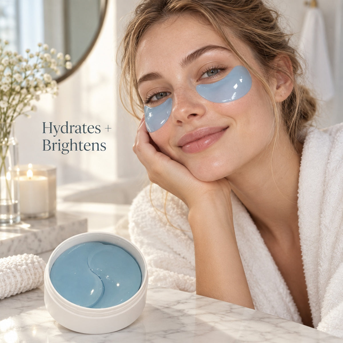 Model wearing Copper Peptide Retinol Hydrogel Under Eye Patches for hydrating and brightening eye care