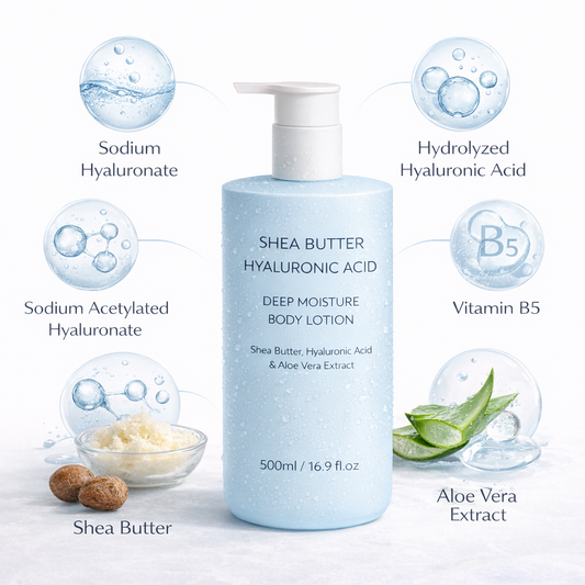 Hyaluronic acid body lotion key ingredients with panthenol aloe vera shea butter and multi-HA complex