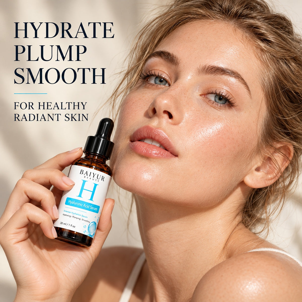 Beauty model holding Baiyur Beauty 30ml hyaluronic acid serum near her face in a hydration-focused skincare lifestyle image.
