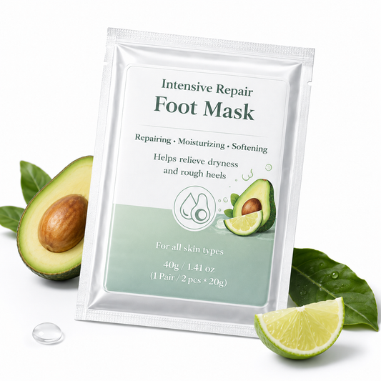 Intensive Repair Foot Mask packaging display with avocado skincare concept