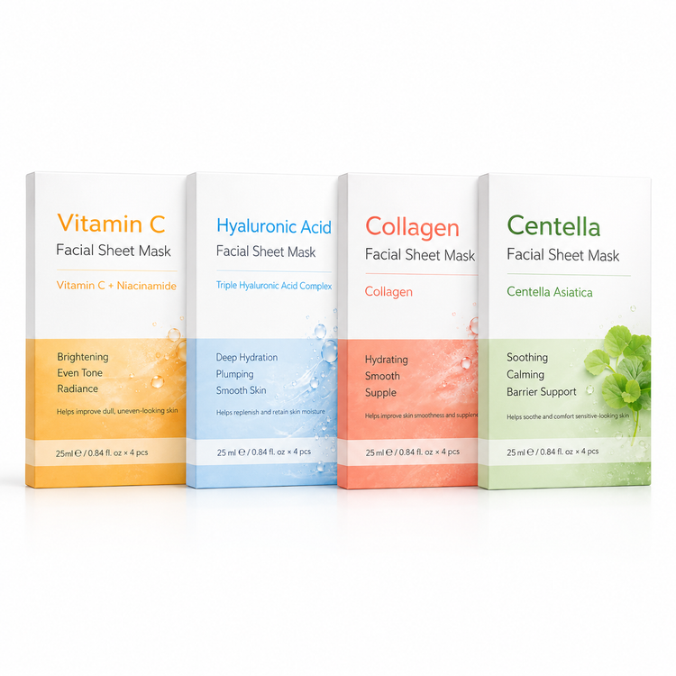 Private label facial mask series with hydrating brightening soothing and collagen sheet masks