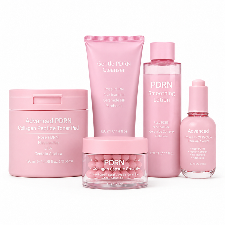 Private label PDRN skincare series with toner pads cleanser serum lotion and cream