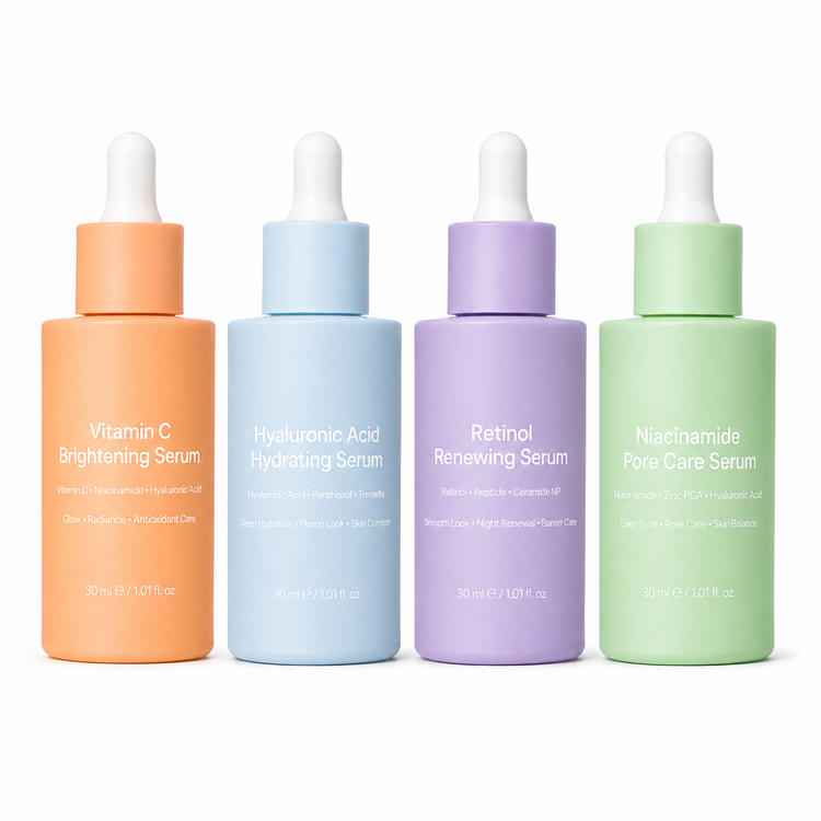 Private label face serum series with Vitamin C hyaluronic acid retinol and niacinamide