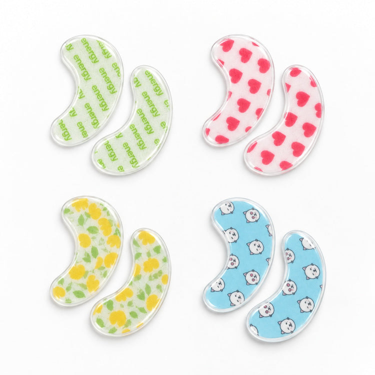 Custom printed nonwoven hydrogel eye patches collection featuring Energy, Sweet Heart, Bloom Party and Kitty Fun designs