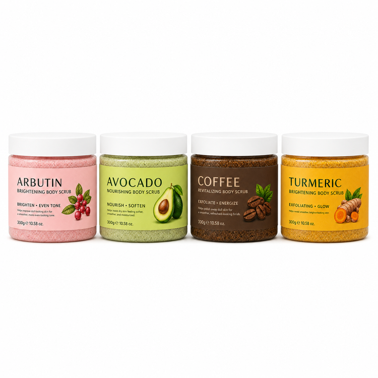 Private label 300g body scrub series with arbutin, avocado, coffee and turmeric exfoliating scrub jars