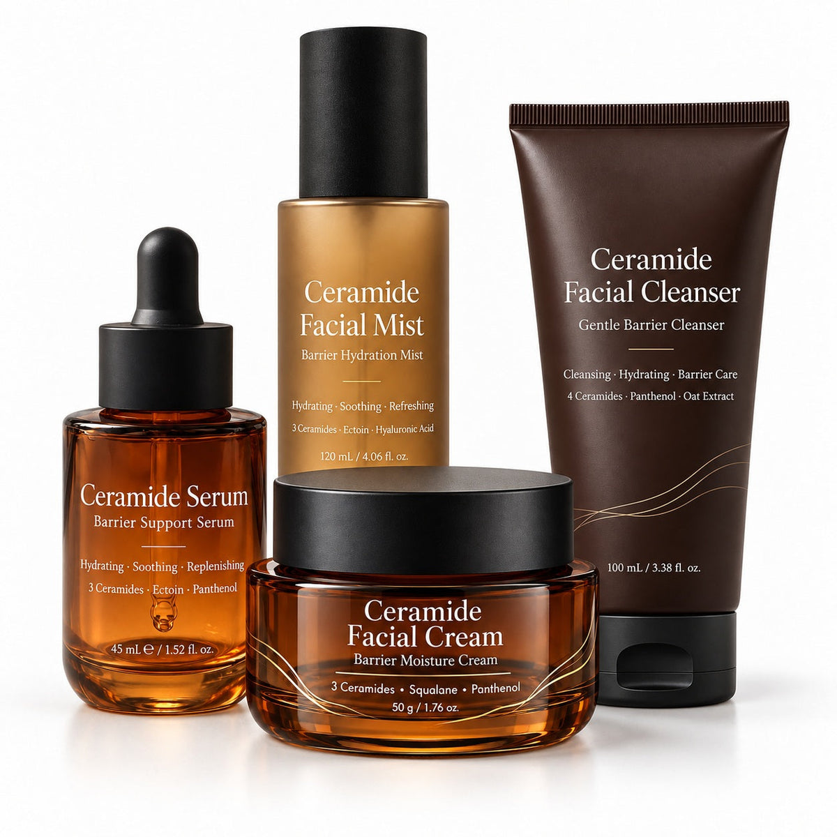 Private label Ceramide Skincare Series featuring Ceramide Facial Cream, Barrier Support Serum, Hydrating Facial Mist and Gentle Facial Cleanser for hydration and skin barrier care.