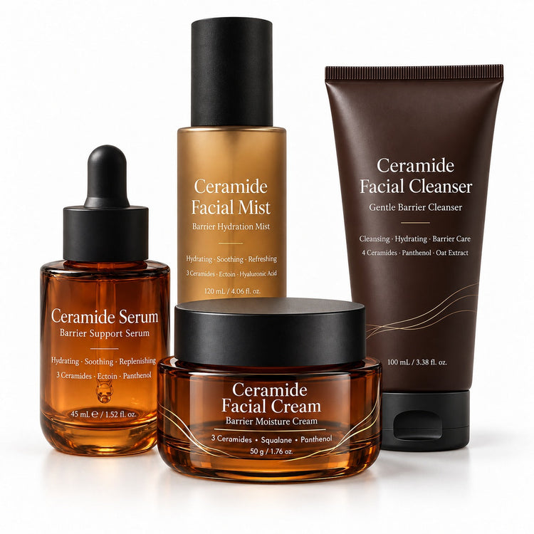 Private label Ceramide Skincare Series featuring Ceramide Facial Cream, Barrier Support Serum, Hydrating Facial Mist and Gentle Facial Cleanser for hydration and skin barrier care.