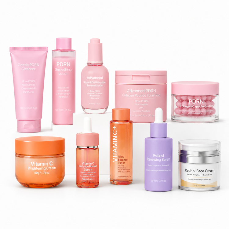 Private label face care products including serum, cream and custom skincare packaging