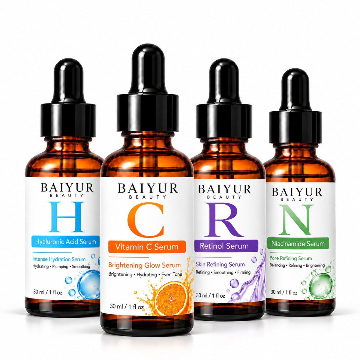 Private label Face Serum Collection featuring Hyaluronic Acid, Vitamin C, Retinol and Niacinamide serums in amber glass dropper bottles for customized skincare brands.