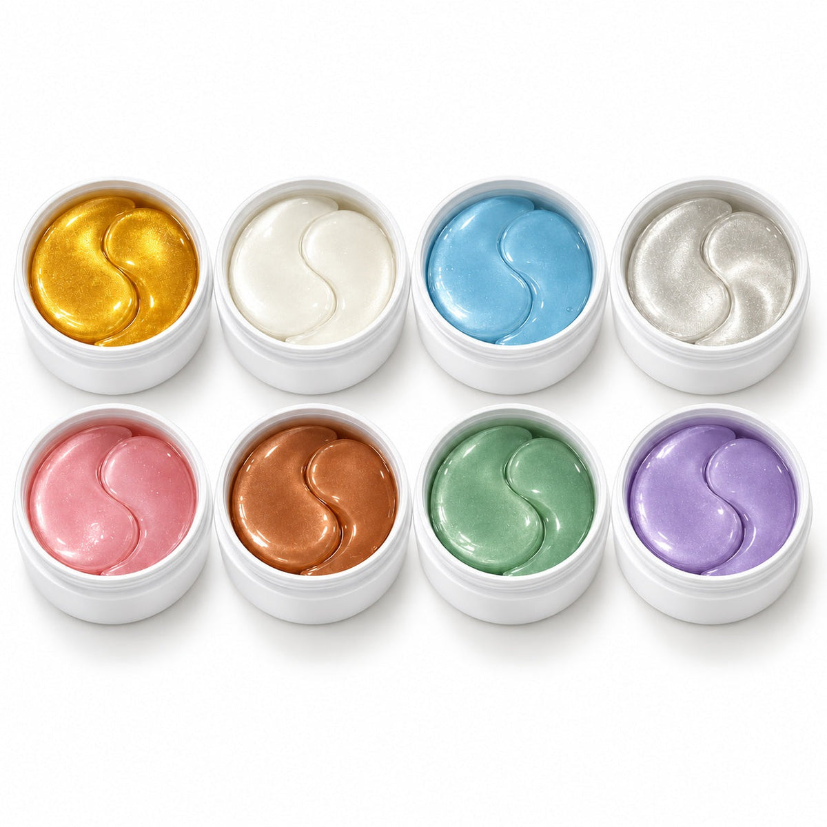 Private Label Jar Hydrogel Eye Patches Collection in 8 Colors including gold, white, blue, silver, pink, caffeine brown, green and purple