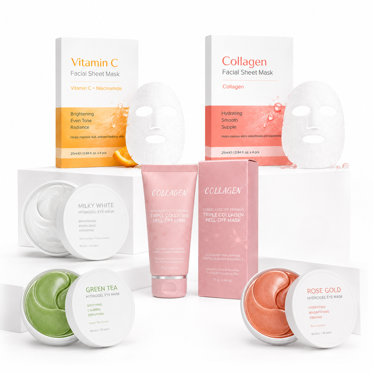 Private label mask care products including facial masks, hydrogel eye masks and collagen masks