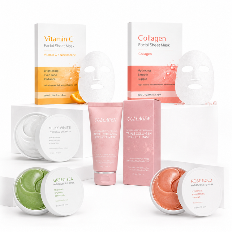 Private label mask care products including facial masks, hydrogel eye masks and collagen masks
