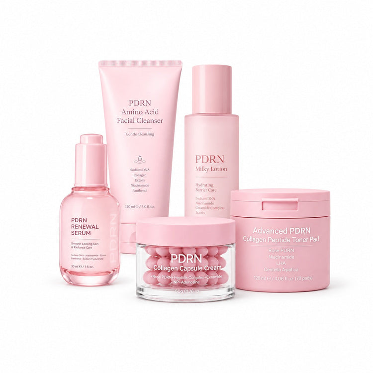 Baiyur Beauty private label PDRN skincare collection with cleanser, milky lotion, serum, capsule cream, toner pads and rose hydrogel eye patches.