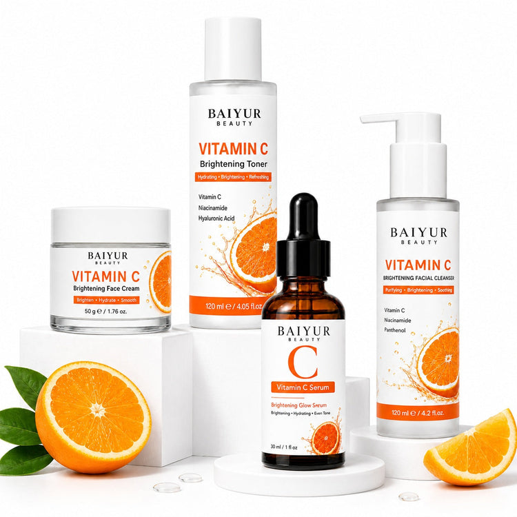 Private label Vitamin C skincare set with face cream, brightening toner, facial cleanser and Vitamin C serum