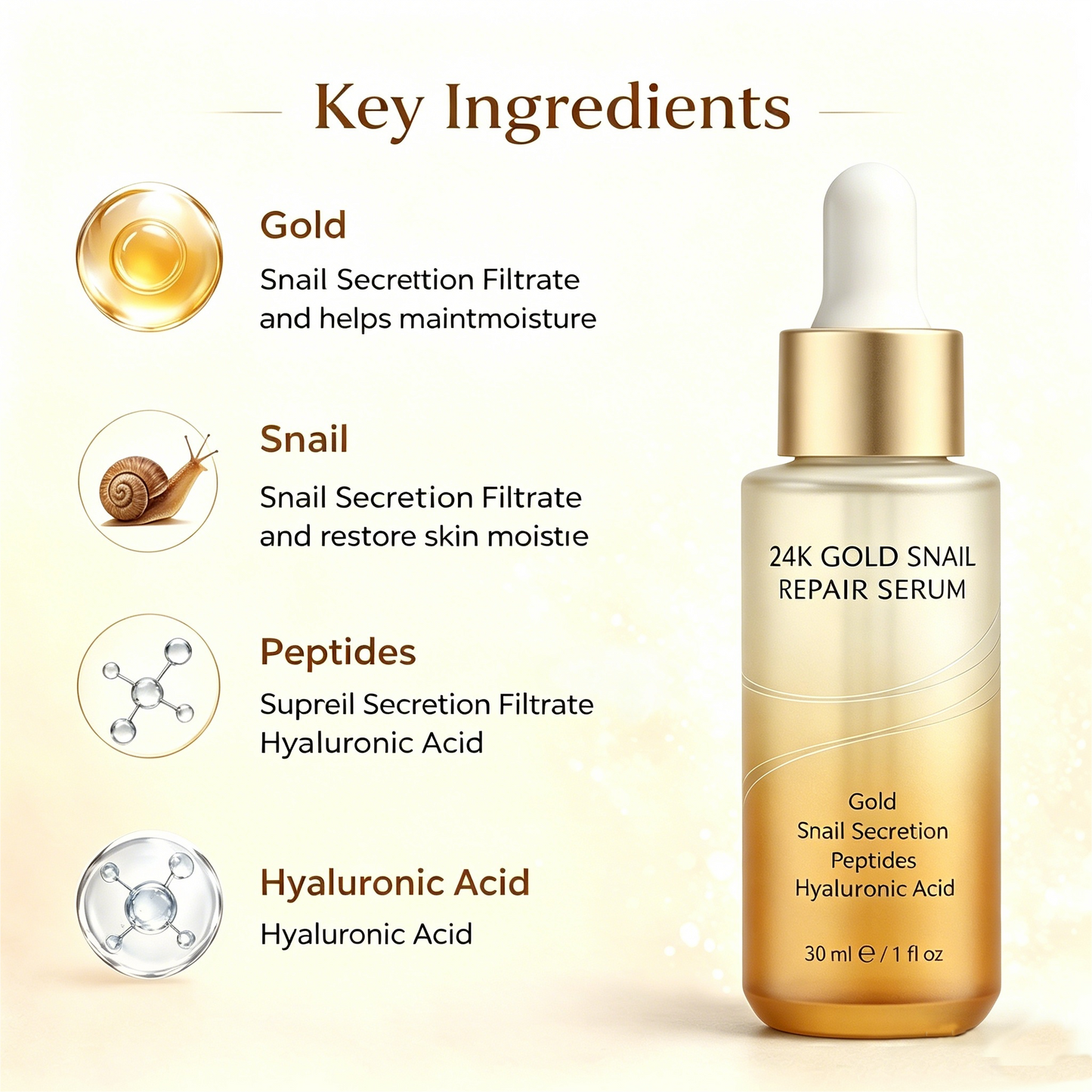 Private Label 24K Gold Snail Repair Serum for Hydration & Skin Renewal Care