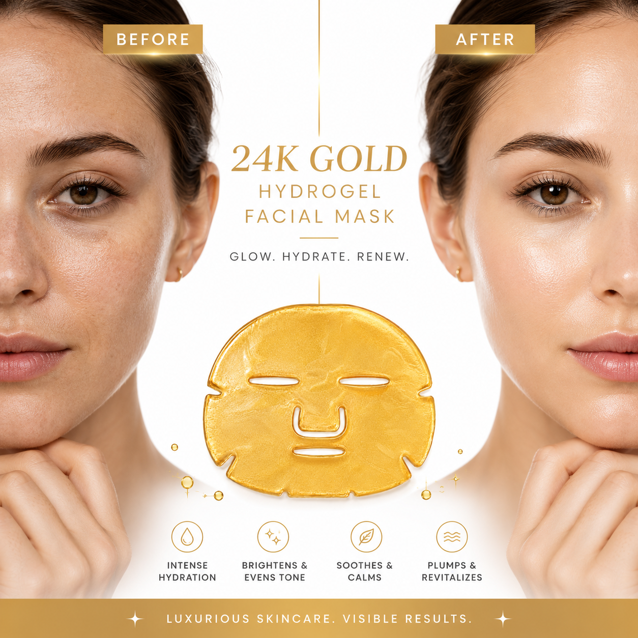 Before and after visual for gold collagen facial mask showing hydrated and refreshed-looking skin