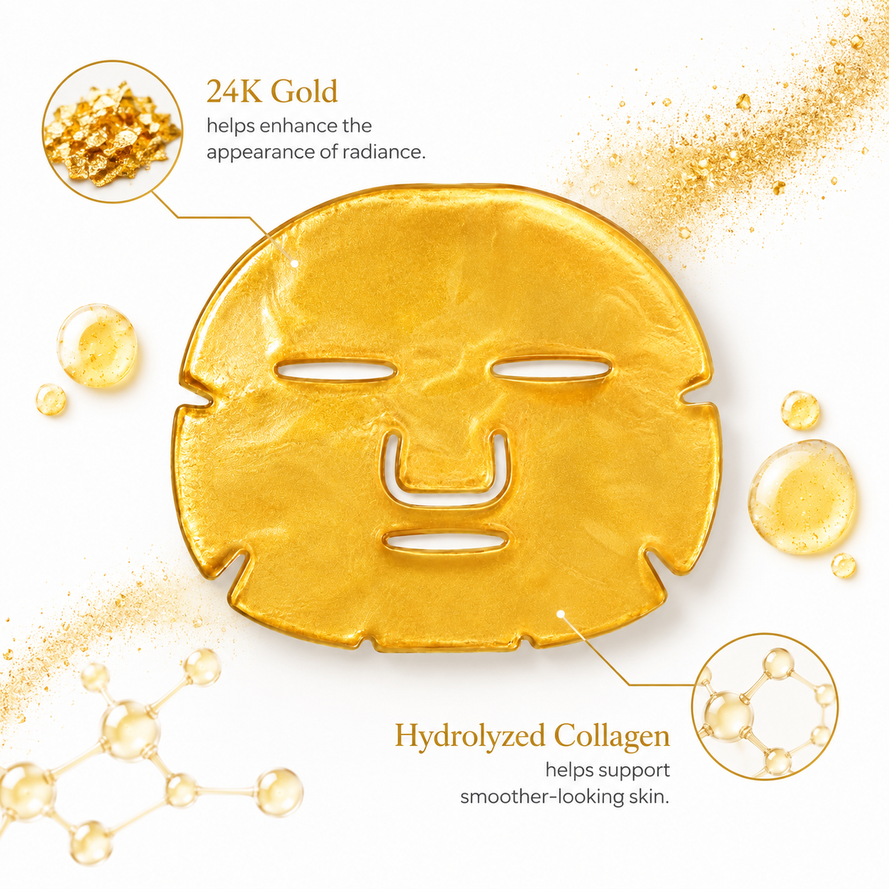 Gold collagen facial mask ingredients with hydrolyzed collagen and sodium hyaluronate