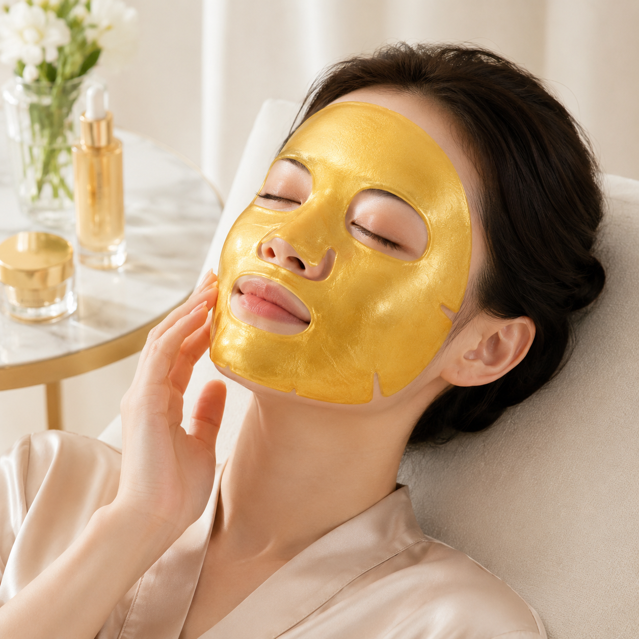 Model applying 24K Gold Collagen Crystal Facial Mask for luxury facial skincare routine