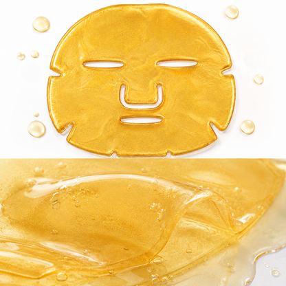 Close-up of gold-look hydrogel facial mask texture with soft glossy gel finish