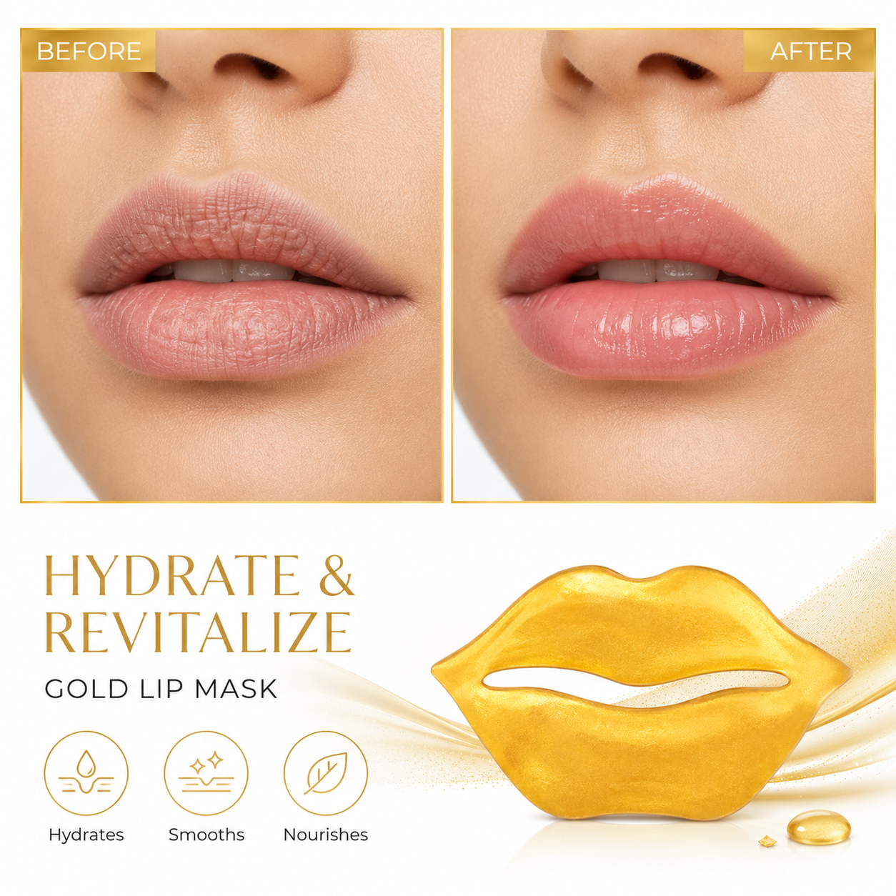 Before and after visual for lip mask showing hydrated and smoother-looking lips