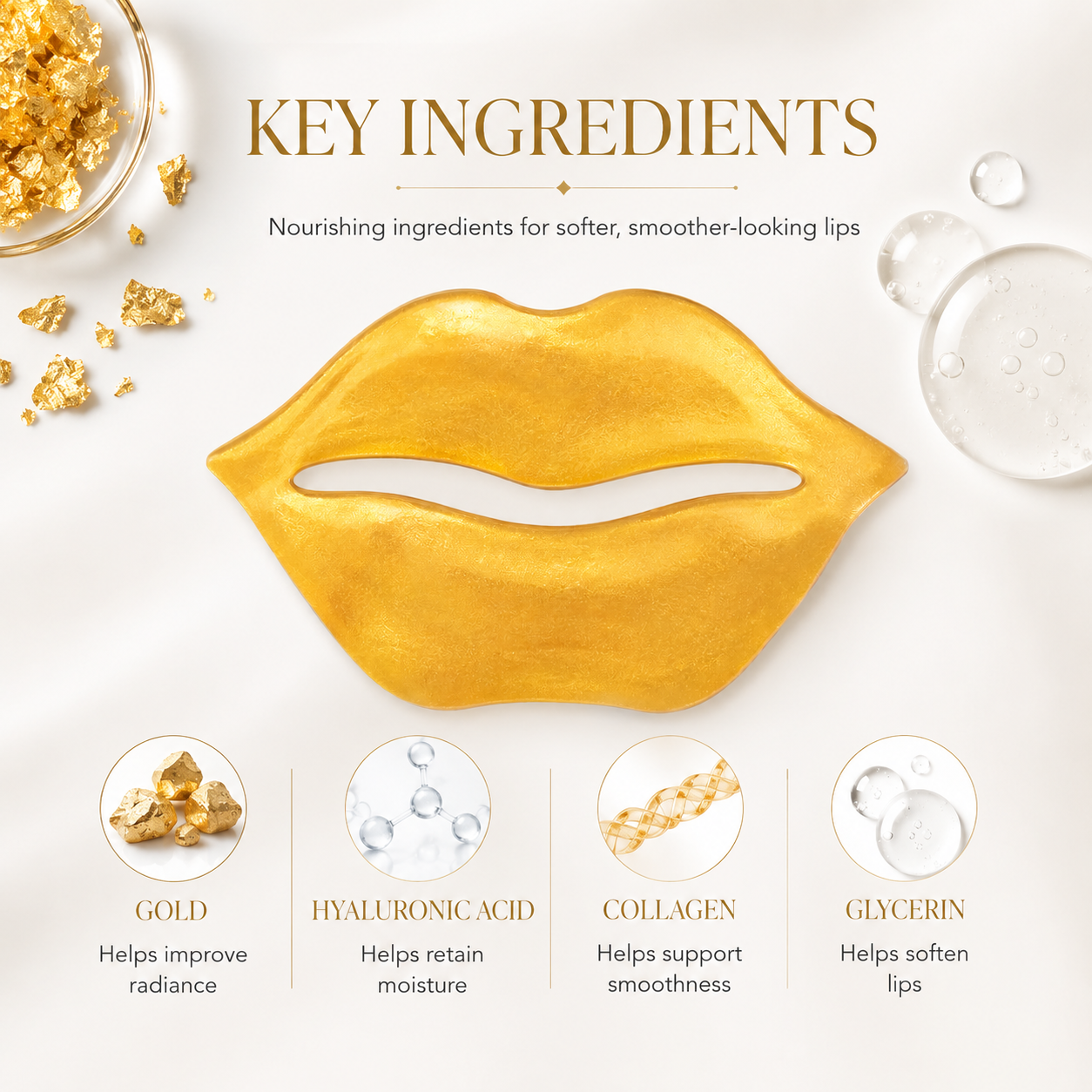Gold collagen lip mask ingredients with hydrolyzed collagen and sodium hyaluronate