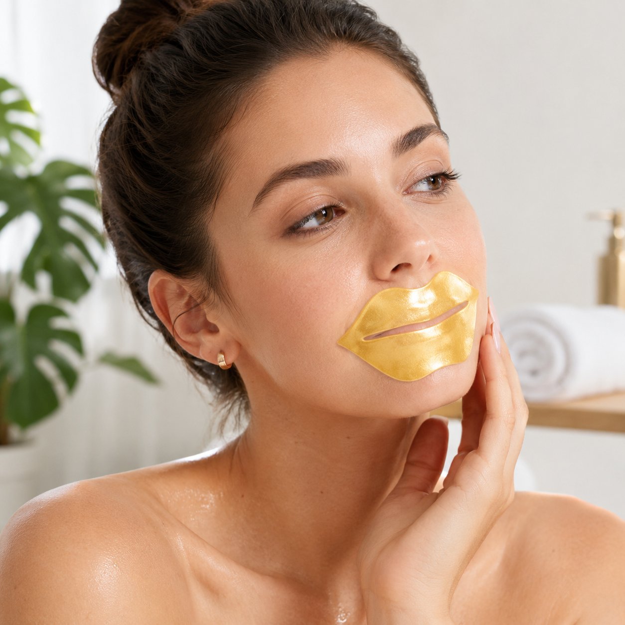 Model using 24K Gold Collagen Lip Mask in a clean lip care routine