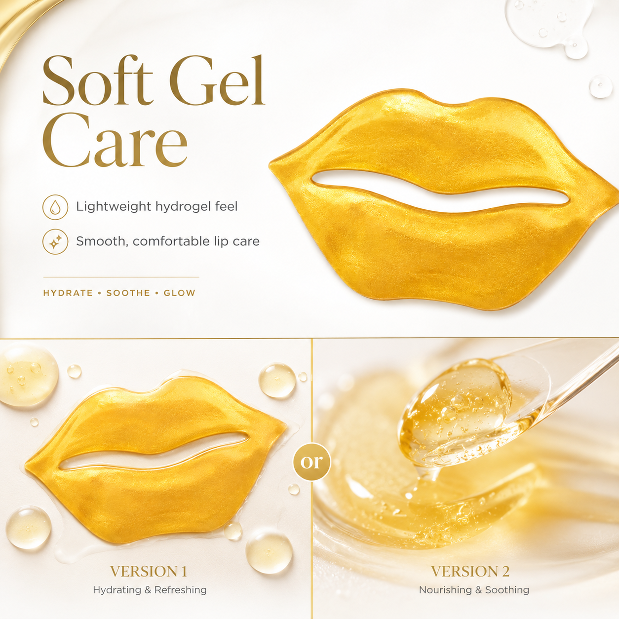 Close-up of gold collagen lip mask hydrogel texture