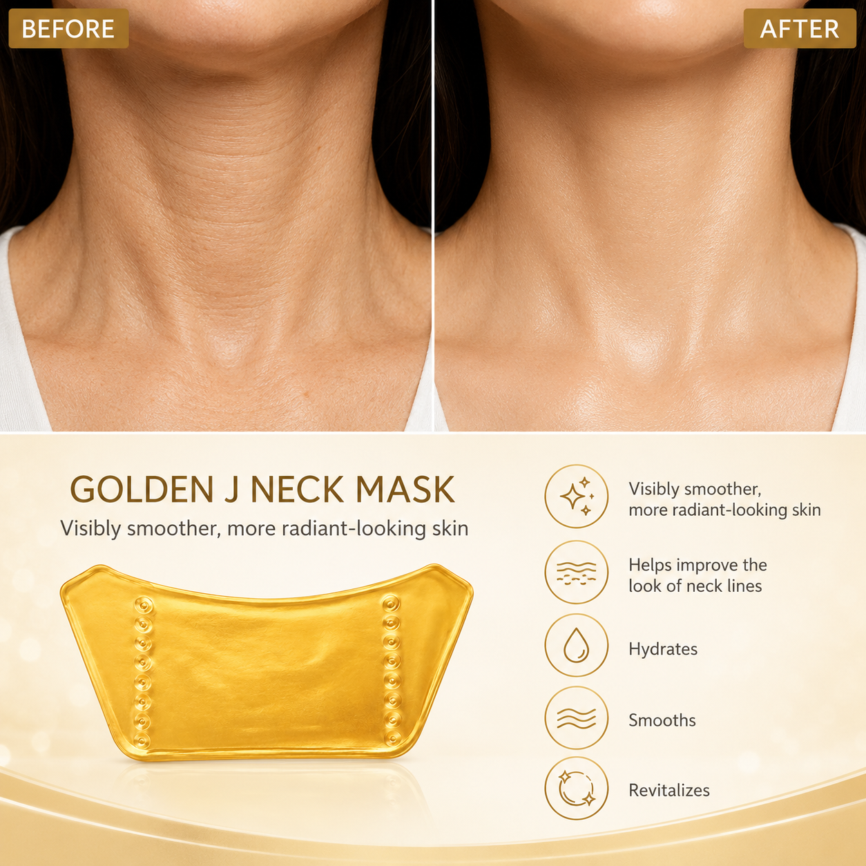 Before and after visual for neck mask showing hydrated and smoother-looking neck skin