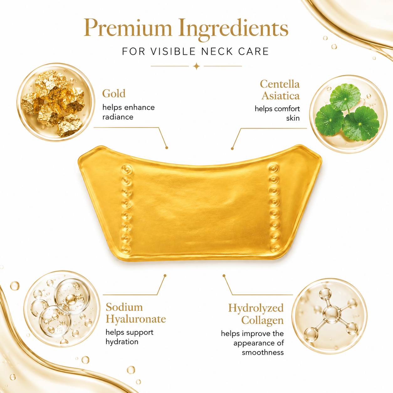 Neck mask ingredient display with centella, green tea and licorice extract