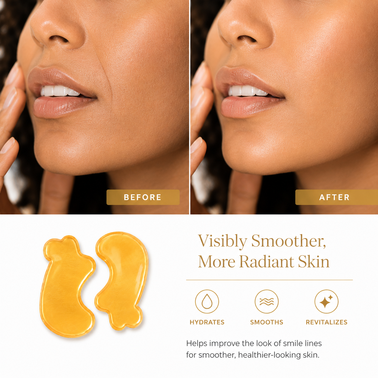 Before and after visual for smile line mask showing hydrated and smoother-looking skin