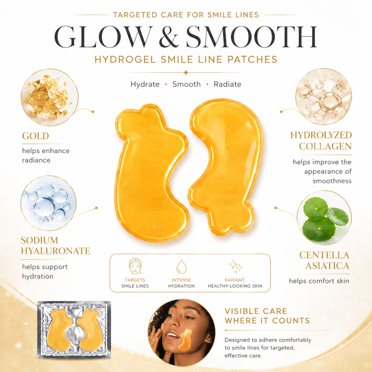 Gold collagen smile line mask ingredients with collagen and sodium hyaluronate