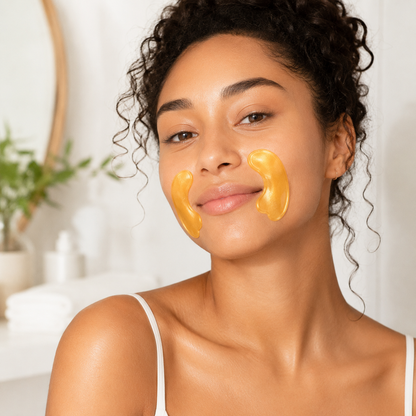 Gold-look hydrogel smile line patches applied around the mouth area