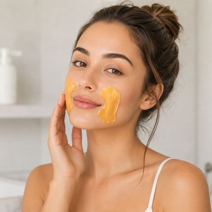 Model using 24K Gold Collagen Smile Line Mask for targeted facial skincare routine