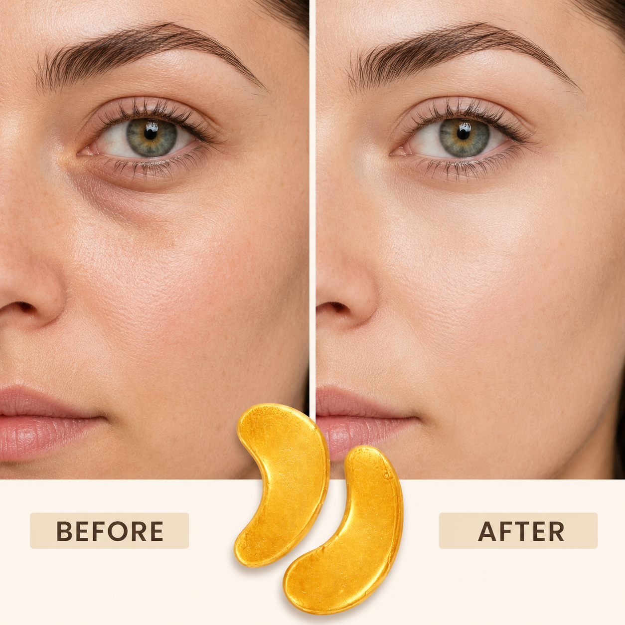 Before and after visual for under eye patch showing refreshed and hydrated-looking eye area