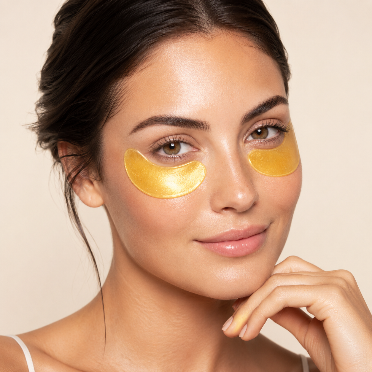 Model using 24K Gold Collagen Under Eye Patch in a clean eye care routine