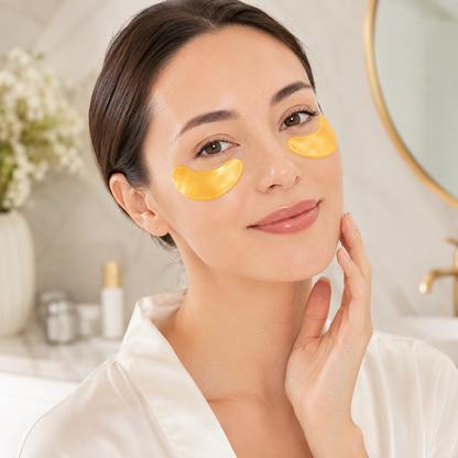 Gold-look hydrogel under eye patches applied under the eyes for skincare routine