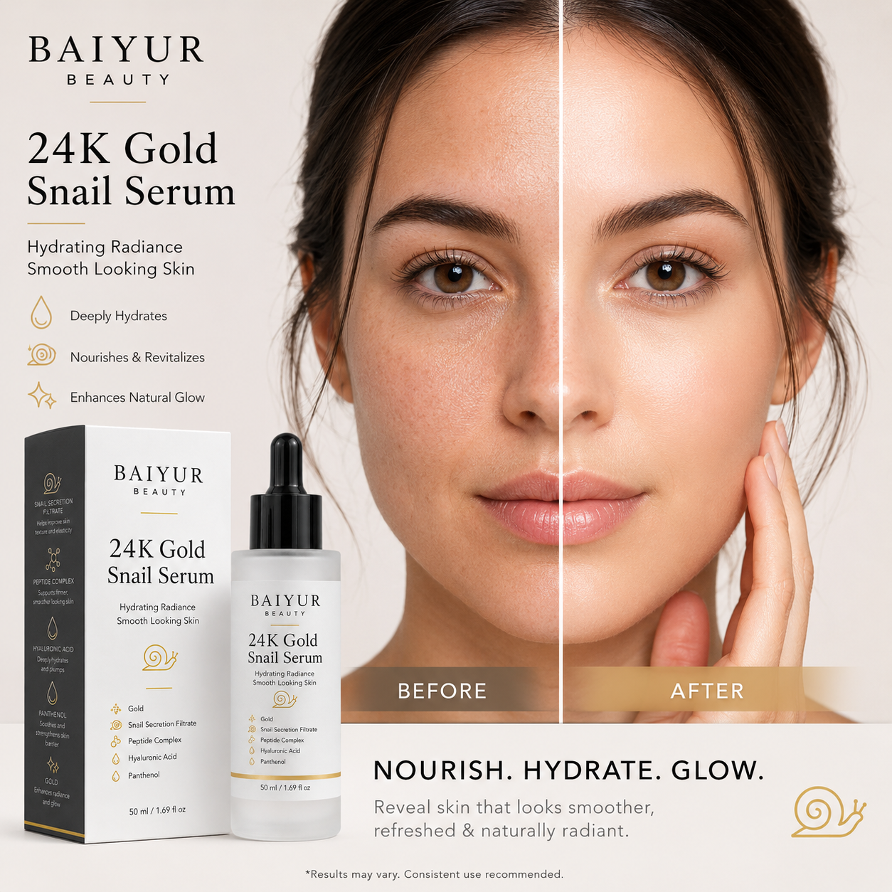 24K Gold Snail Serum before and after comparison showing a more radiant refreshed and glowing complexion