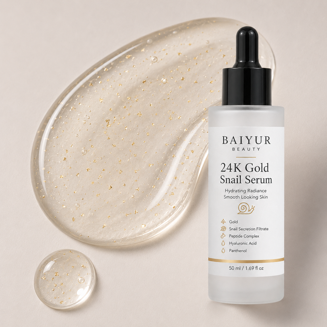 Transparent 24K Gold Snail Serum texture with tiny gold flakes and frosted dropper bottle