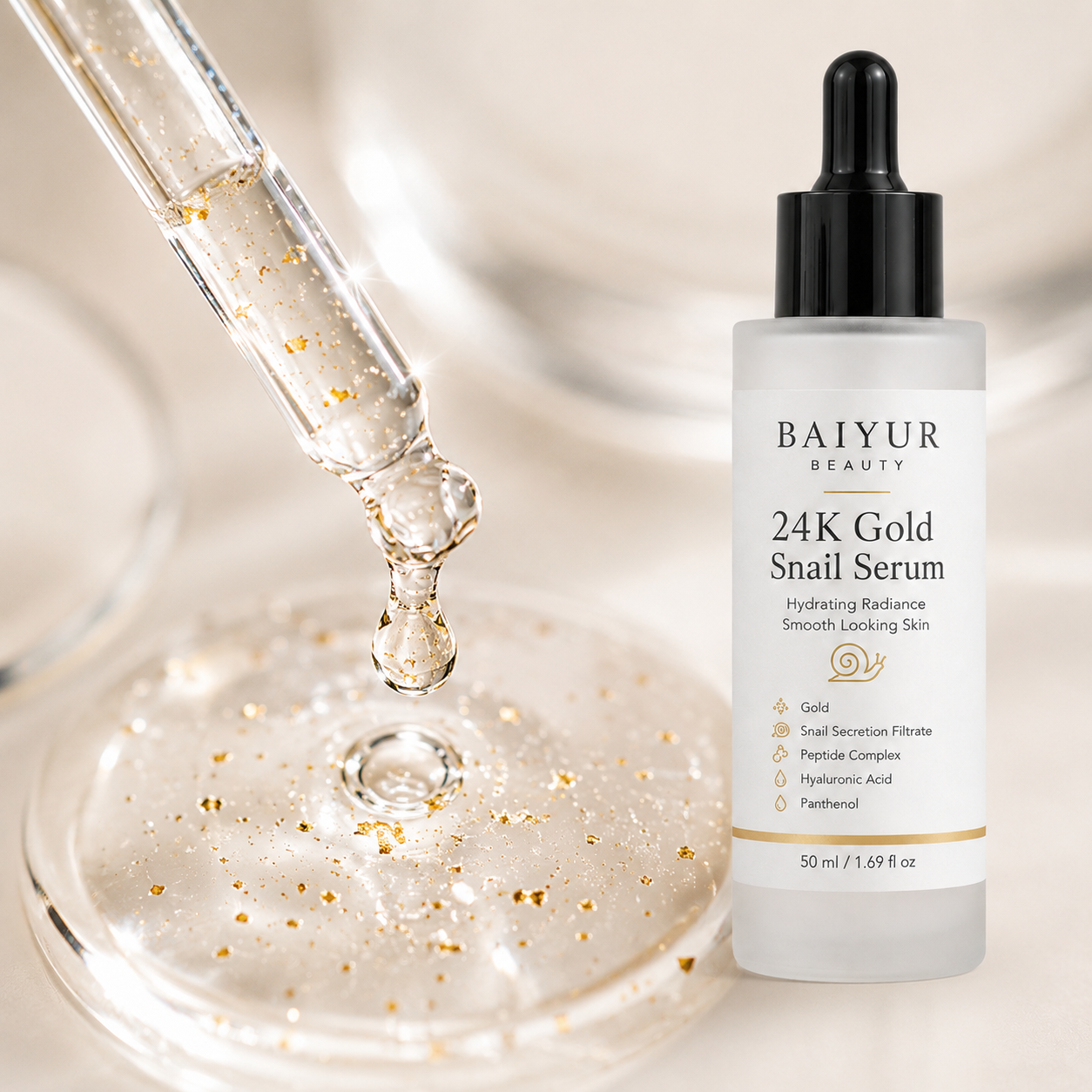 Clear 24K Gold Snail Serum dropping from pipette with tiny gold flakes for luxury skincare texture