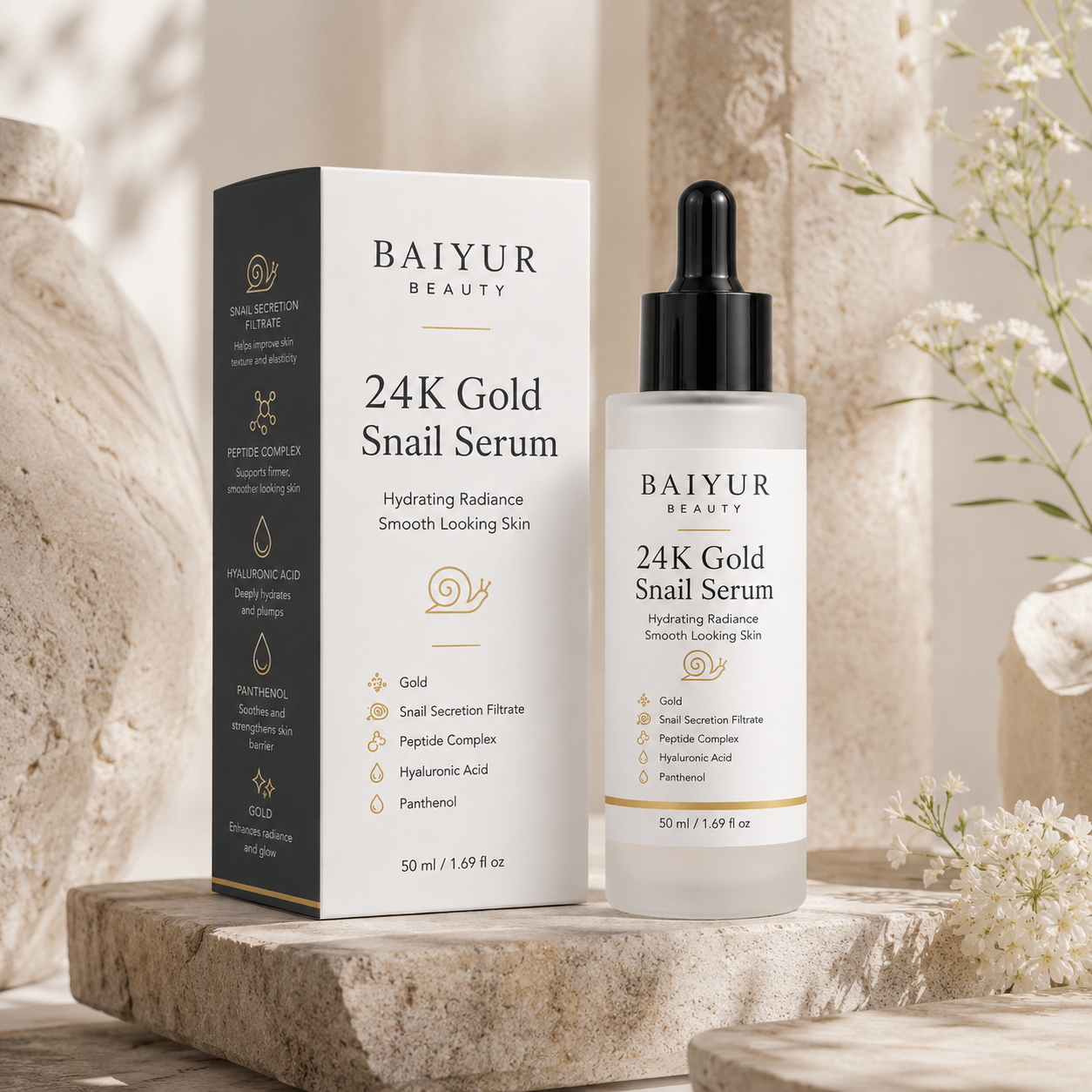 24K Gold Snail Serum with frosted bottle and matte paper box in luxury skincare lifestyle scene