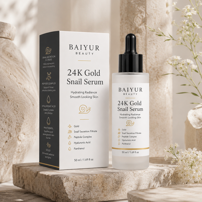 24K Gold Snail Serum with frosted bottle and matte paper box in luxury skincare lifestyle scene