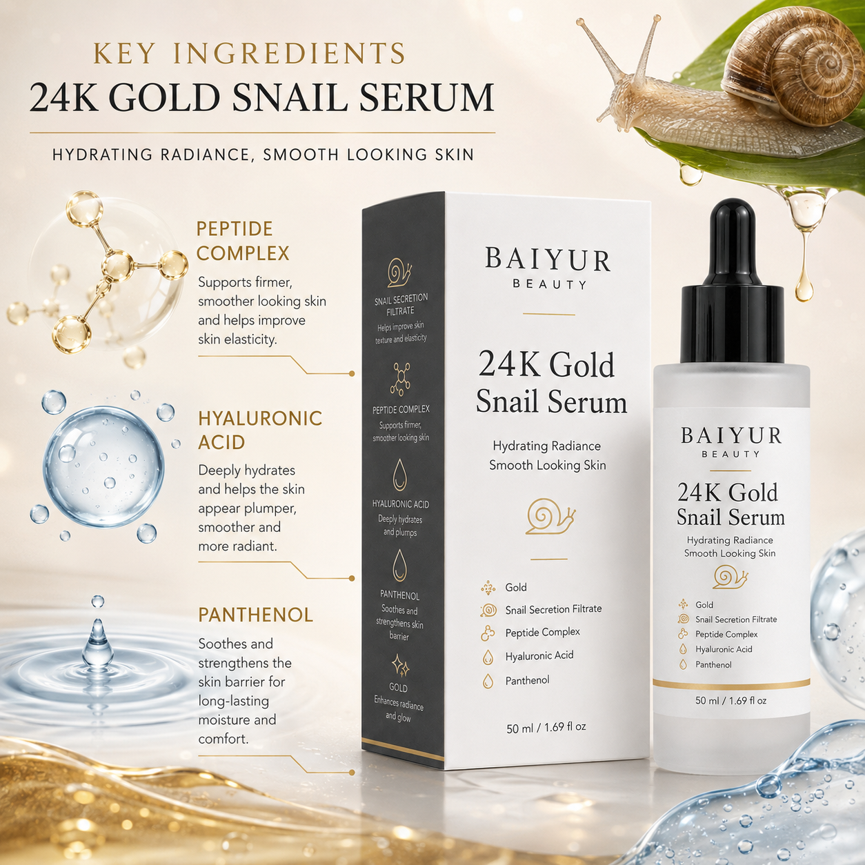 24K Gold Snail Serum key ingredients Gold and Snail Secretion Filtrate for radiant looking skin