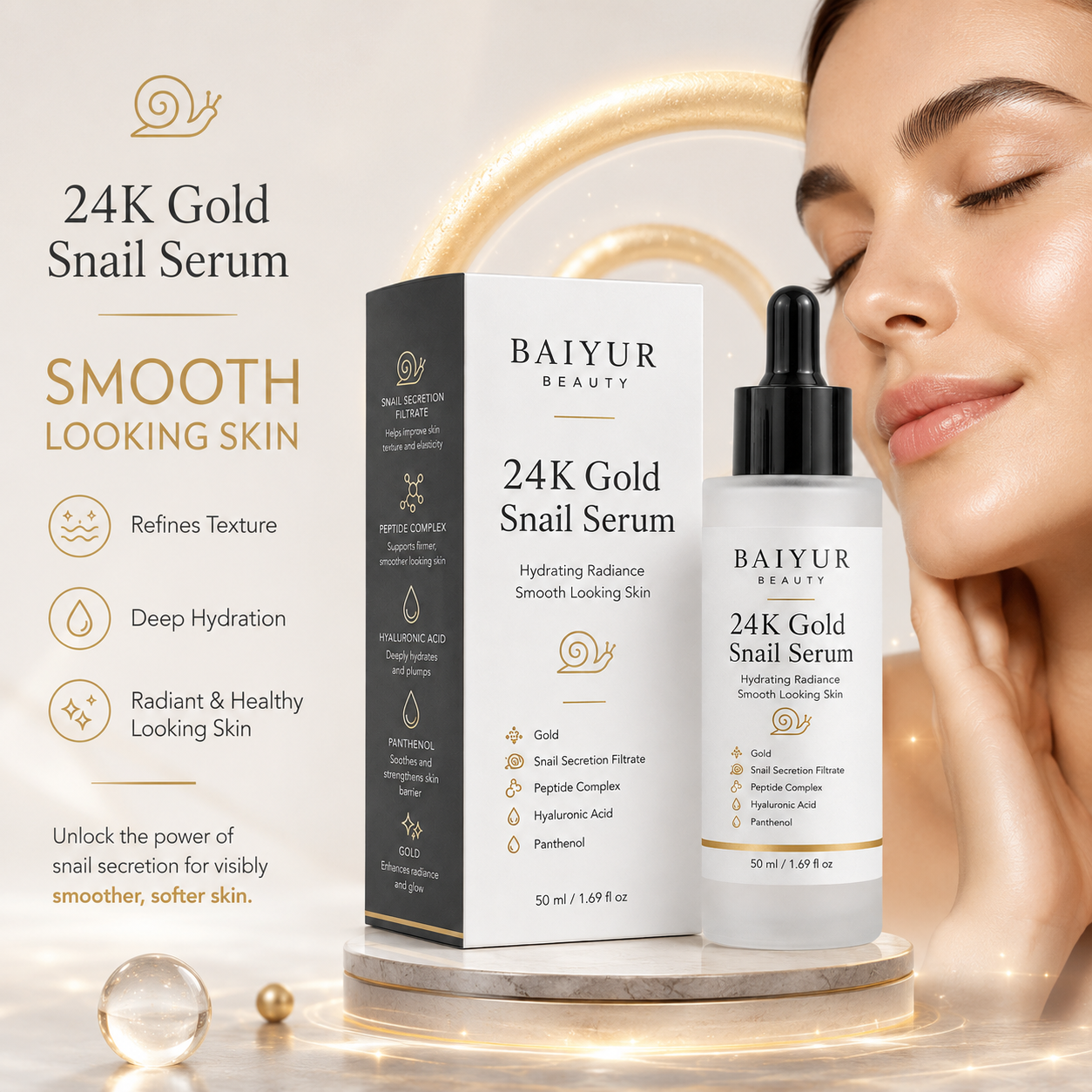 24K Gold Snail Serum smooth looking skin benefit image with premium private label packaging