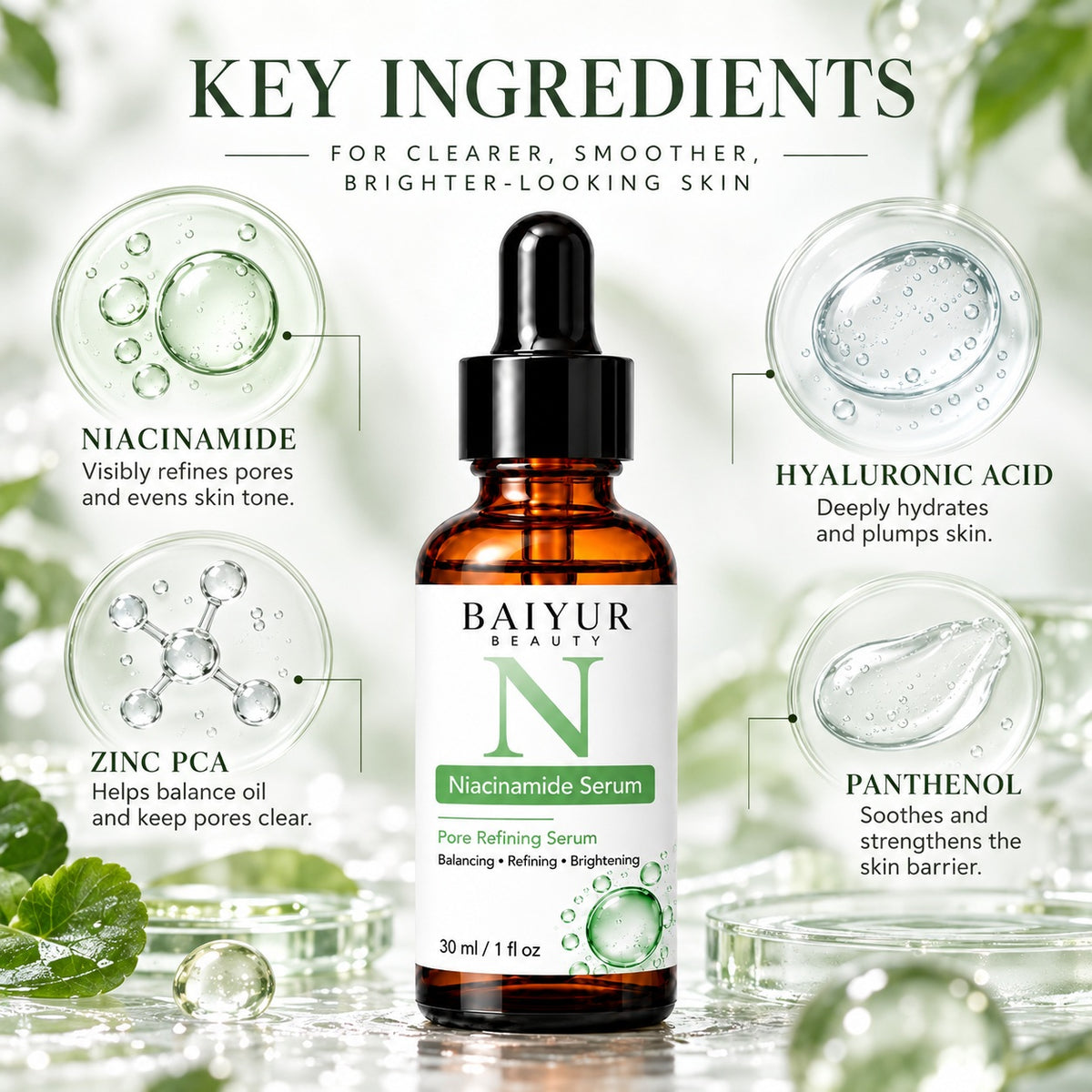 Baiyur Beauty Niacinamide Serum featuring niacinamide, zinc PCA, hyaluronic acid and panthenol for pore care, oil balance and hydration.