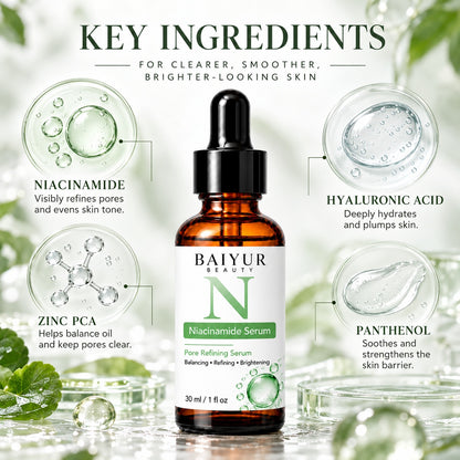 Baiyur Beauty Niacinamide Serum featuring niacinamide, zinc PCA, hyaluronic acid and panthenol for pore care, oil balance and hydration.