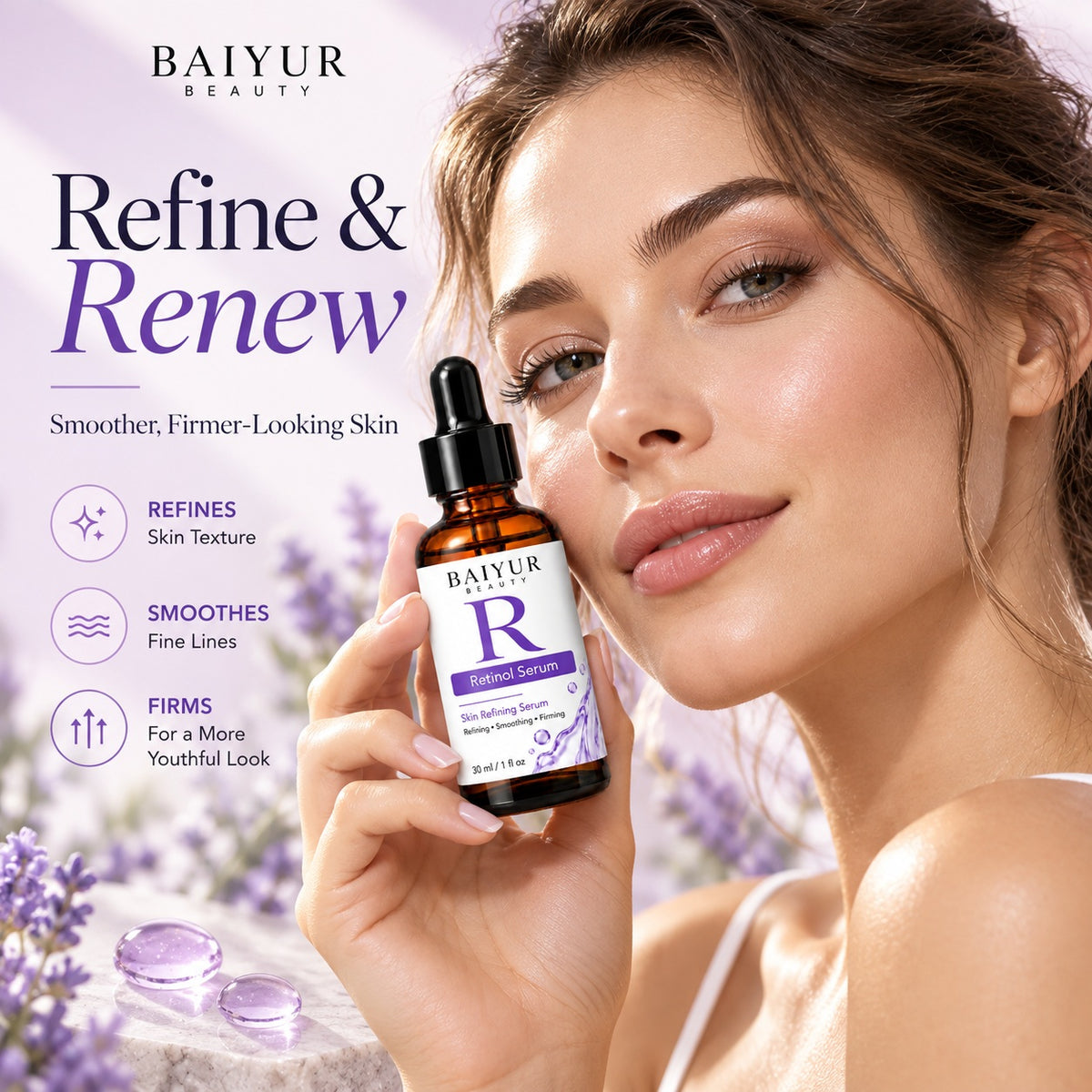 Female skincare model holding Baiyur Beauty Retinol Serum beside her face in a premium beauty advertisement highlighting smoother-looking skin.