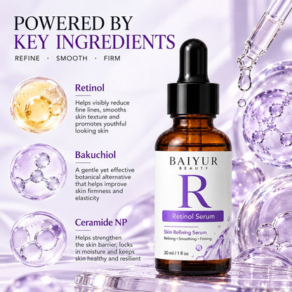 Baiyur Beauty Retinol Serum featuring retinol, bakuchiol and ceramide NP in a purple-themed skincare ingredient display.